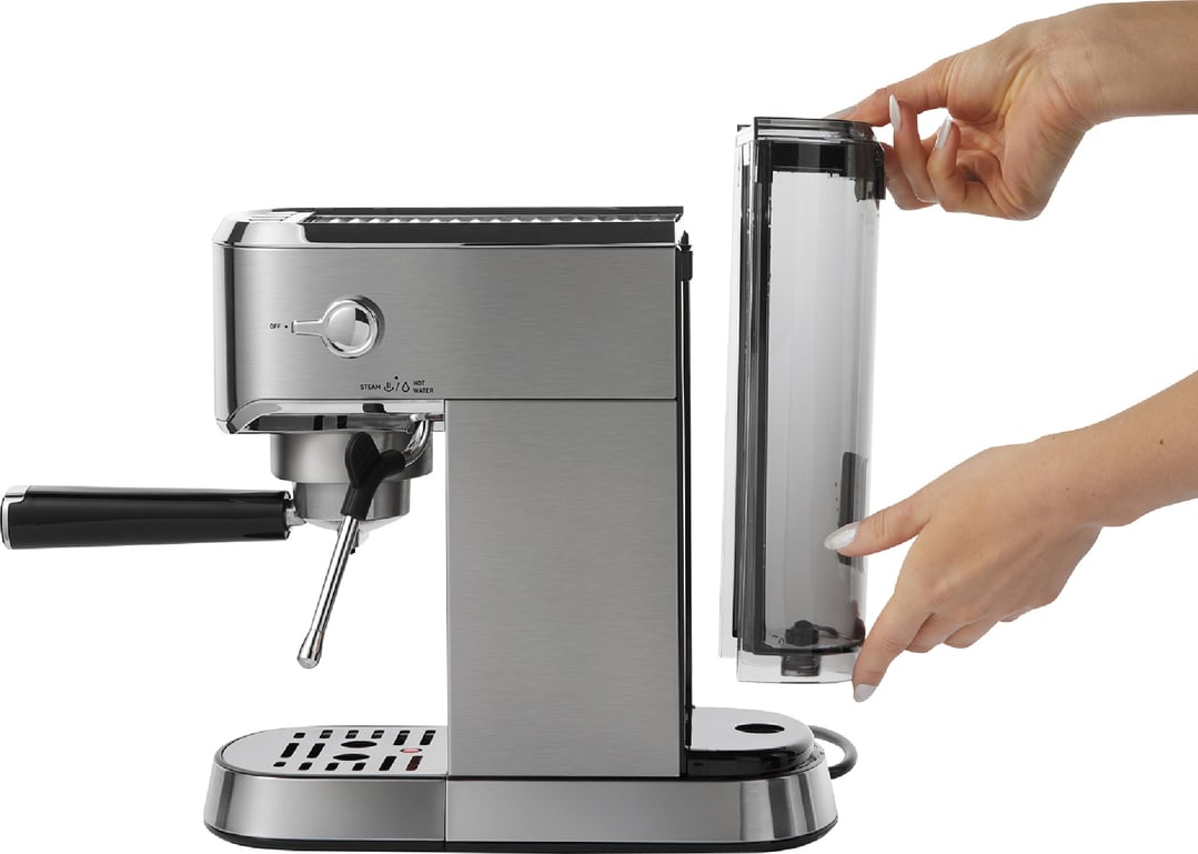 Hands removing the water tank from a stainless steel espresso machine