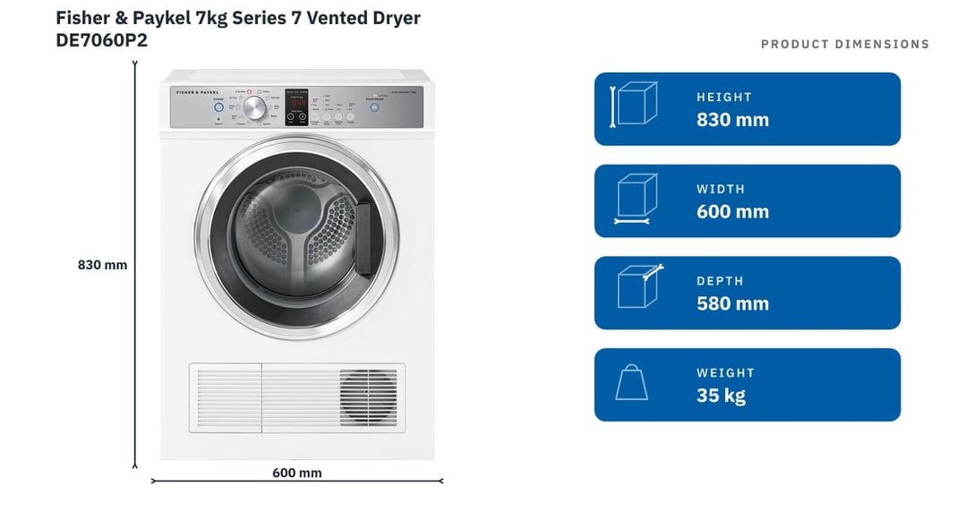 Fisher & Paykel 7kg Series 7 Vented Dryer DE7060P2 — product dimensions