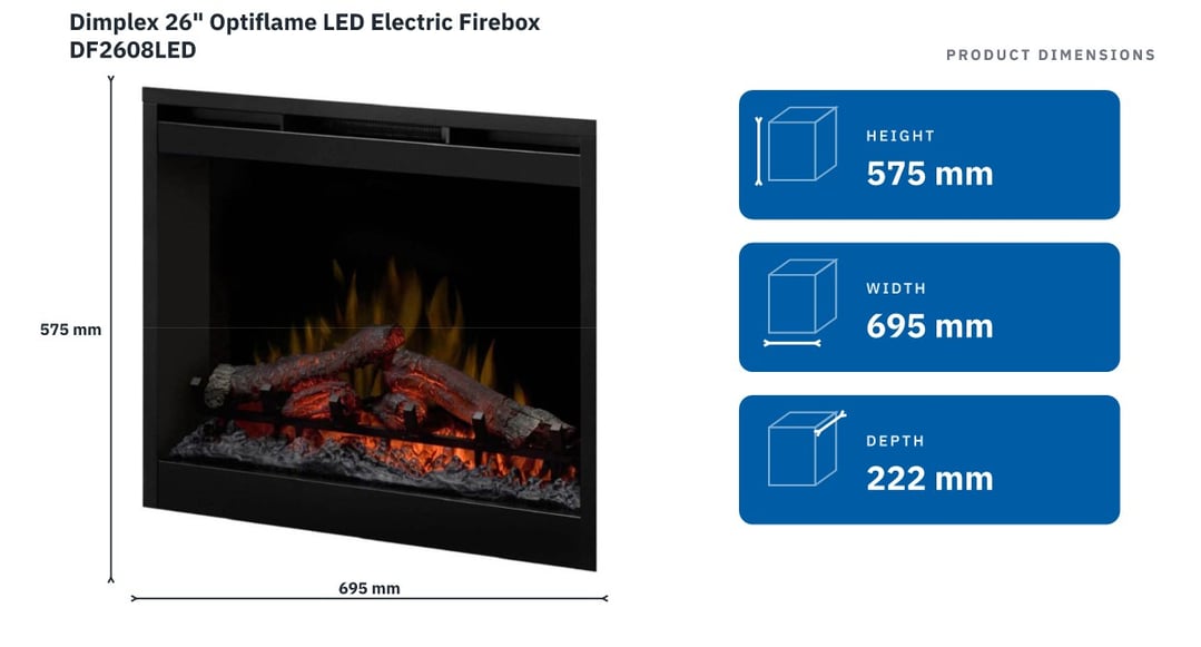 Dimplex 26" Optiflame LED Electric Firebox DF2608LED — product dimensions