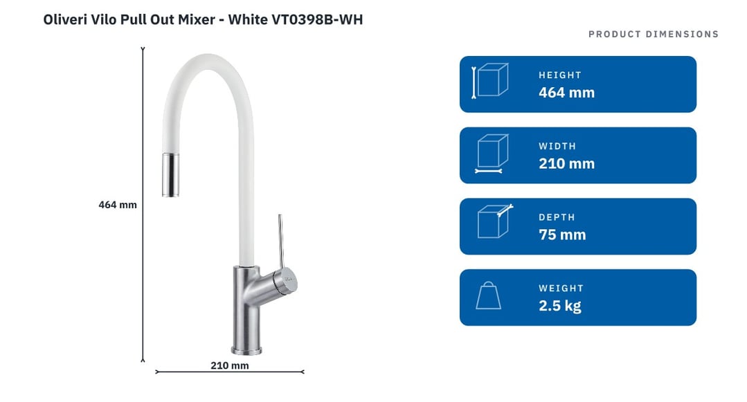 Oliveri Vilo Pull Out Mixer - White VT0398B-WH — product dimensions