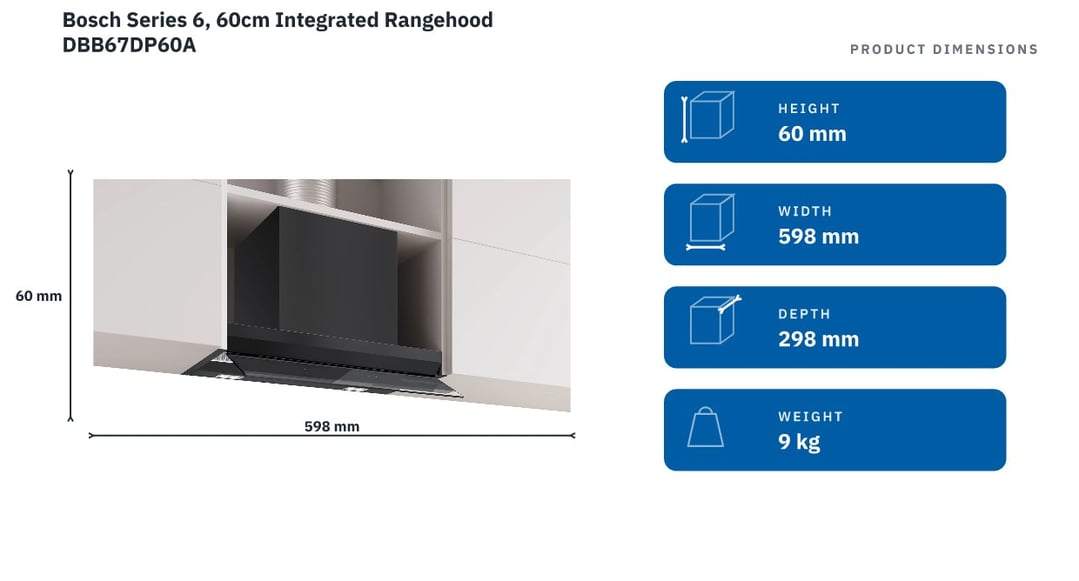 Bosch Series 6, 60cm Integrated Rangehood DBB67DP60A — product dimensions