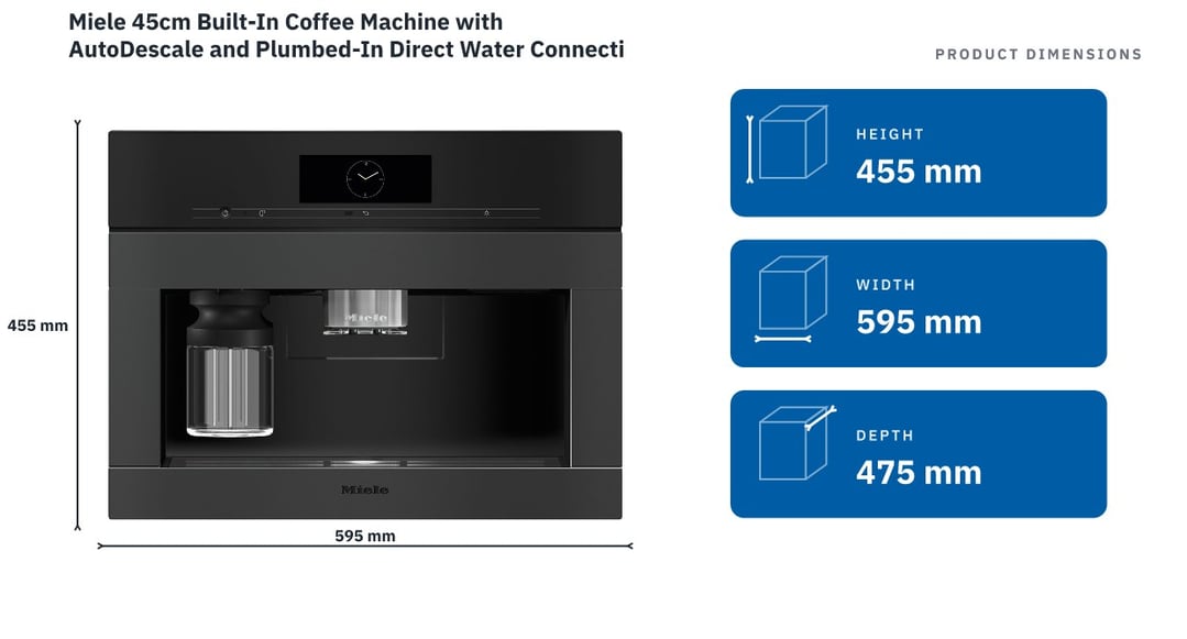 Miele 45cm Built-In Coffee Machine with AutoDescale and Plumbed-In Direct Water Connection Matte Black CVA7845MB — product dimensions