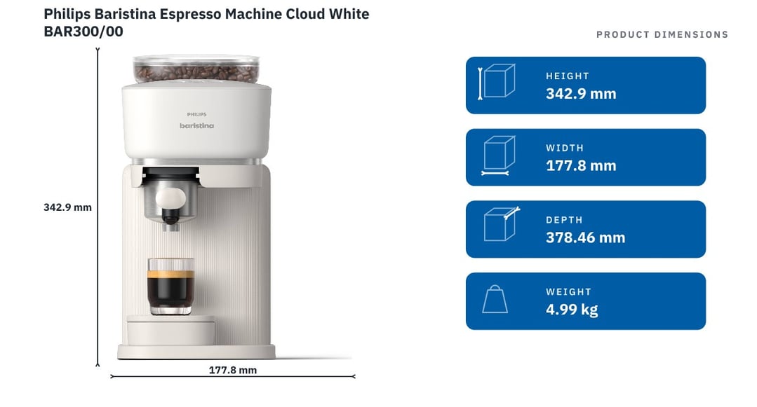 Philips Baristina Espresso Machine Cloud White BAR300/00 — product dimensions