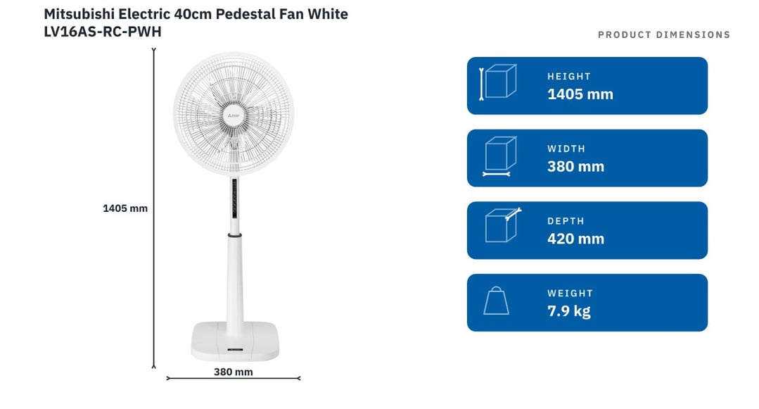 Mitsubishi Electric 40cm Pedestal Fan White LV16AS-RC-PWH — product dimensions