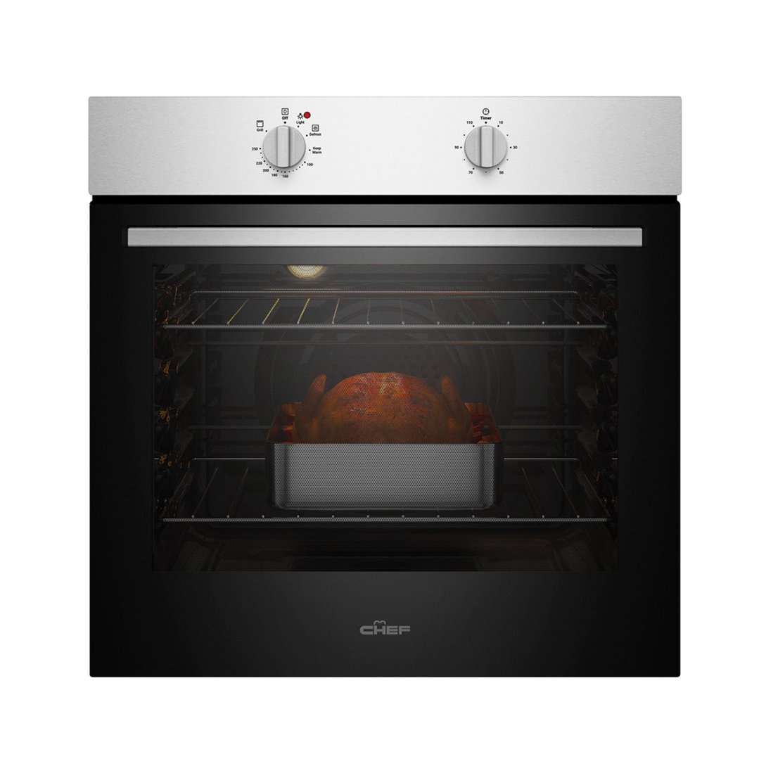 Stainless steel oven with a roasted turkey inside, viewed from the front
