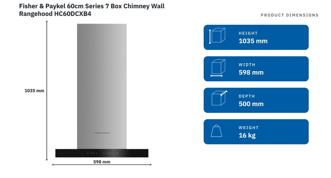 Fisher & Paykel 60cm Series 7 Box Chimney Wall Rangehood HC60DCXB4 — product dimensions