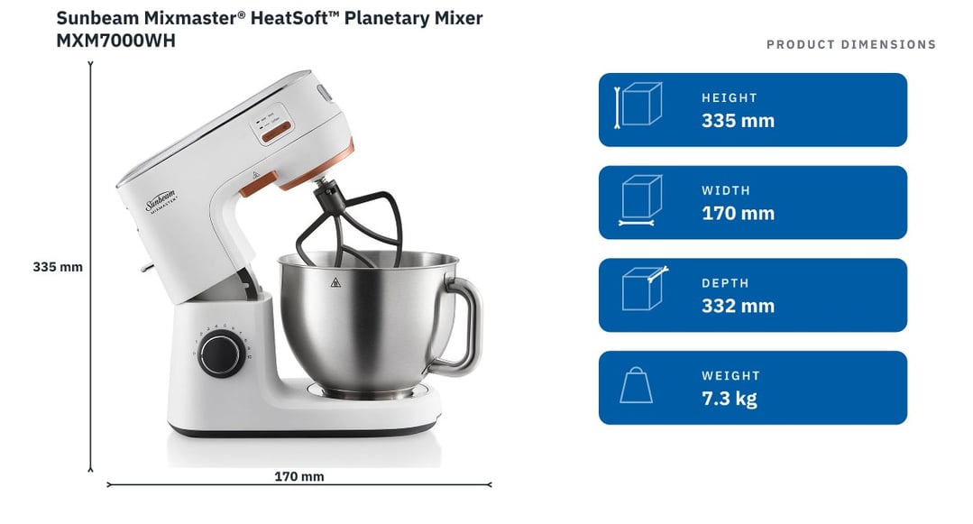 Sunbeam Mixmaster® HeatSoft™ Planetary Mixer MXM7000WH — product dimensions