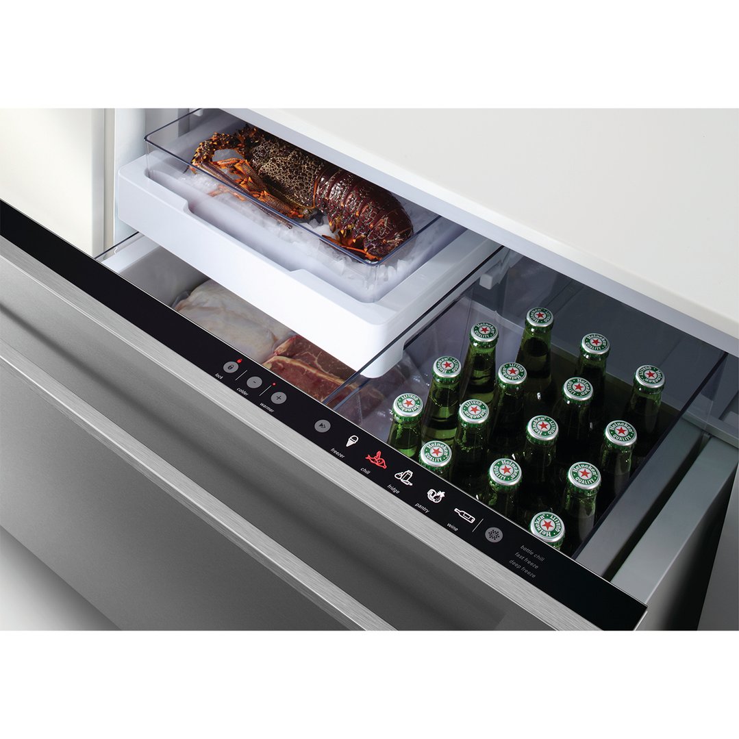 CoolDrawer™ Multi-temperature Drawer with lobster, meat, and beer bottles inside