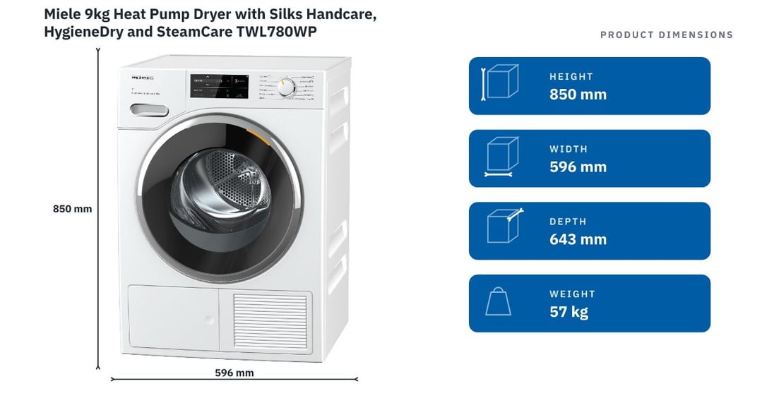 Miele 9kg Heat Pump Dryer with Silks Handcare, HygieneDry and SteamCare TWL780WP — product dimensions