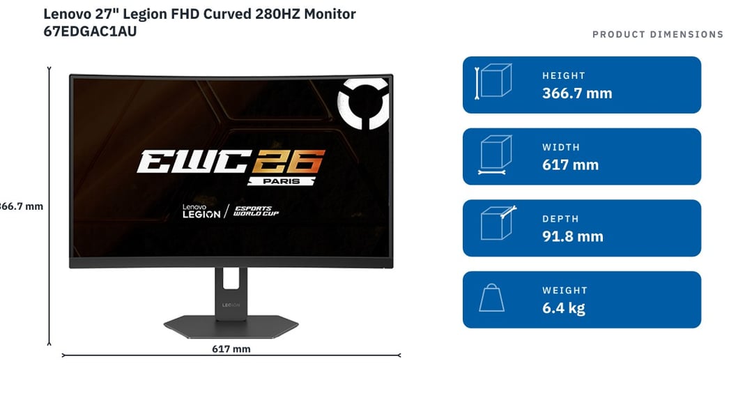 Lenovo 27" Legion FHD Curved 280HZ Monitor 67EDGAC1AU — product dimensions