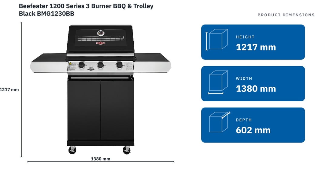 Beefeater 1200 Series 3 Burner BBQ & Trolley Black BMG1230BB — product dimensions