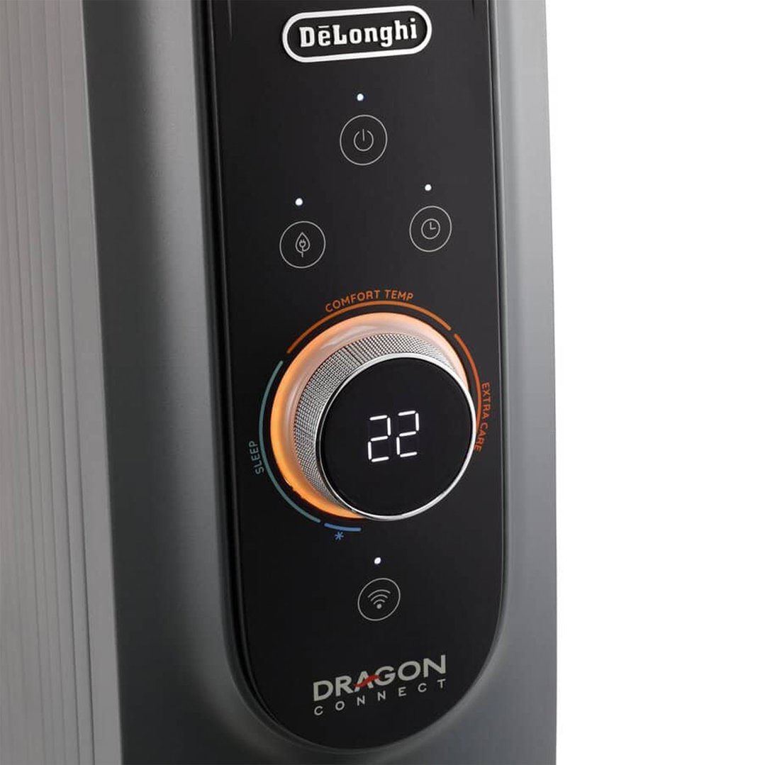 Close-up of the control panel of a DeLonghi oil column heater