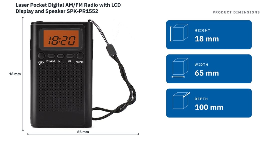 Laser Pocket Digital AM/FM Radio with LCD Display and Speaker SPK-PR1552 — product dimensions