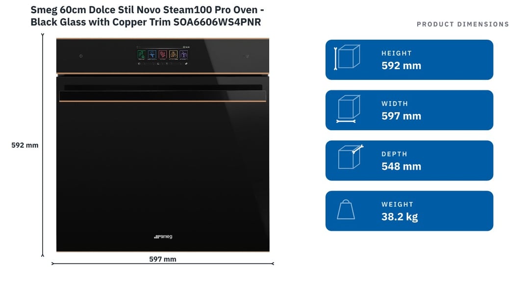 Smeg 60cm Dolce Stil Novo Steam100 Pro Oven - Black Glass with Copper Trim SOA6606WS4PNR — product dimensions