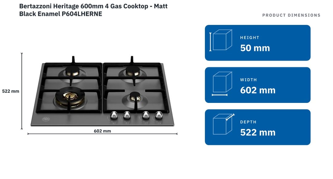 Bertazzoni Heritage 600mm 4 Gas Cooktop - Matt Black Enamel P604LHERNE — product dimensions