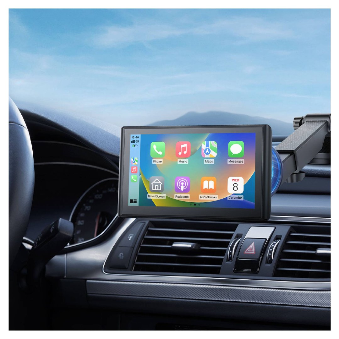 CarPlay / Android Auto screen mounted on a car dashboard with sky background