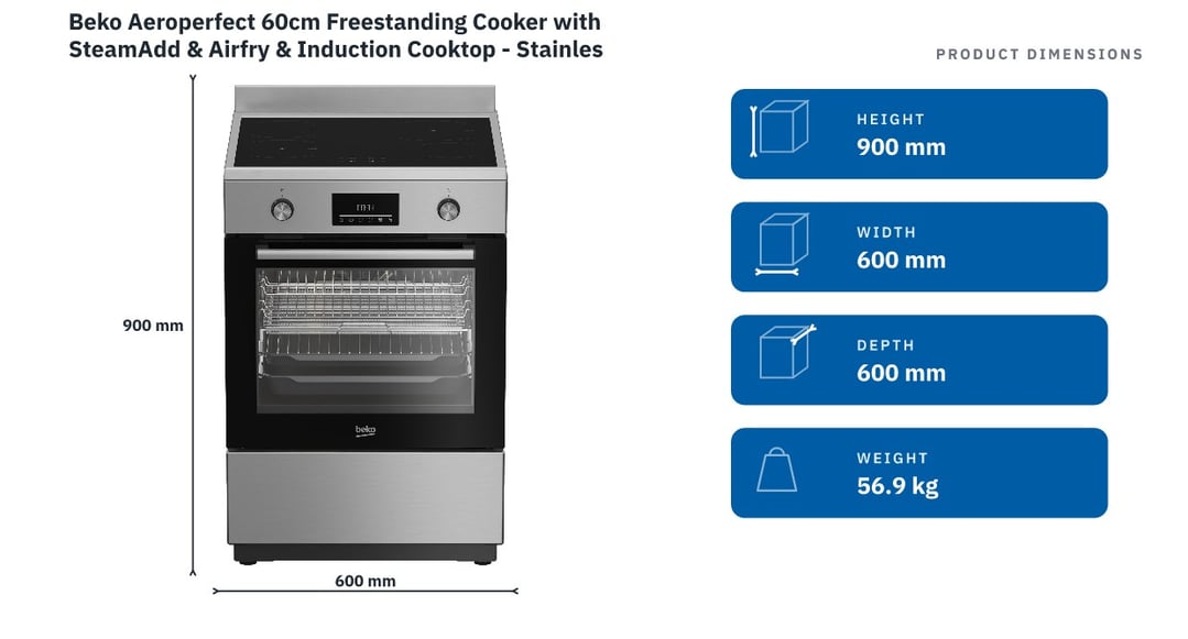 Beko Aeroperfect 60cm Freestanding Cooker with SteamAdd & Airfry & Induction Cooktop - Stainless Steel BFCB60IMX