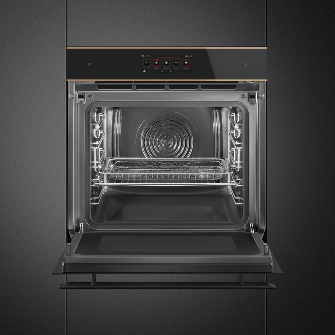 Built-in Smeg 60cm Dolce Stil Novo OmniChef Oven with door open in a dark kitchen