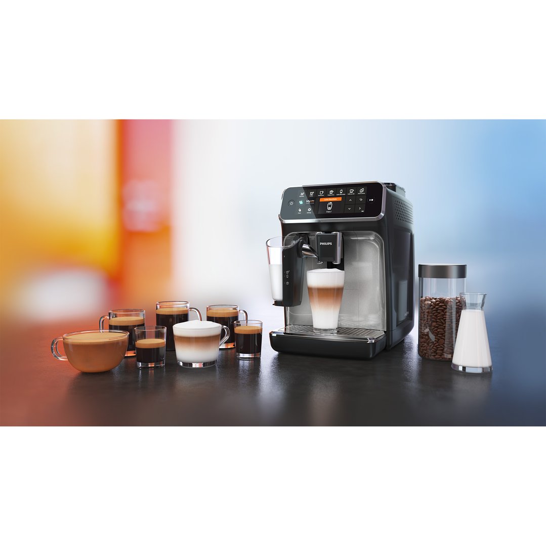 Philips fully automatic espresso machine making a latte macchiato with various coffee drinks