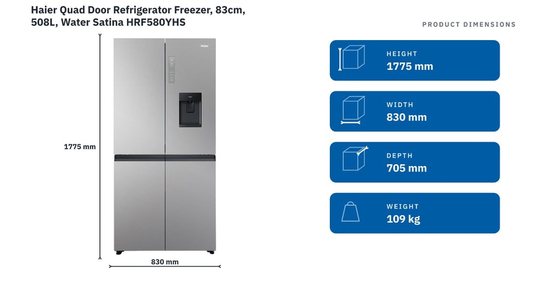 Haier Quad Door Refrigerator Freezer, 83cm, 508L, Water Satina HRF580YHS