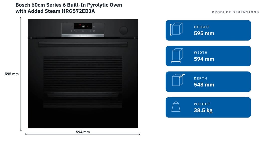 Bosch 60cm Series 6 Built-In Pyrolytic Oven with Added Steam HRG572EB3A — product dimensions