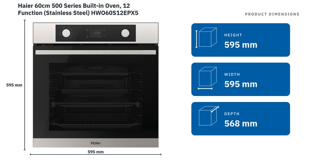 Haier 60cm 500 Series Built-in Oven, 12 Function (Stainless Steel) HWO60S12EPX5 — product dimensions
