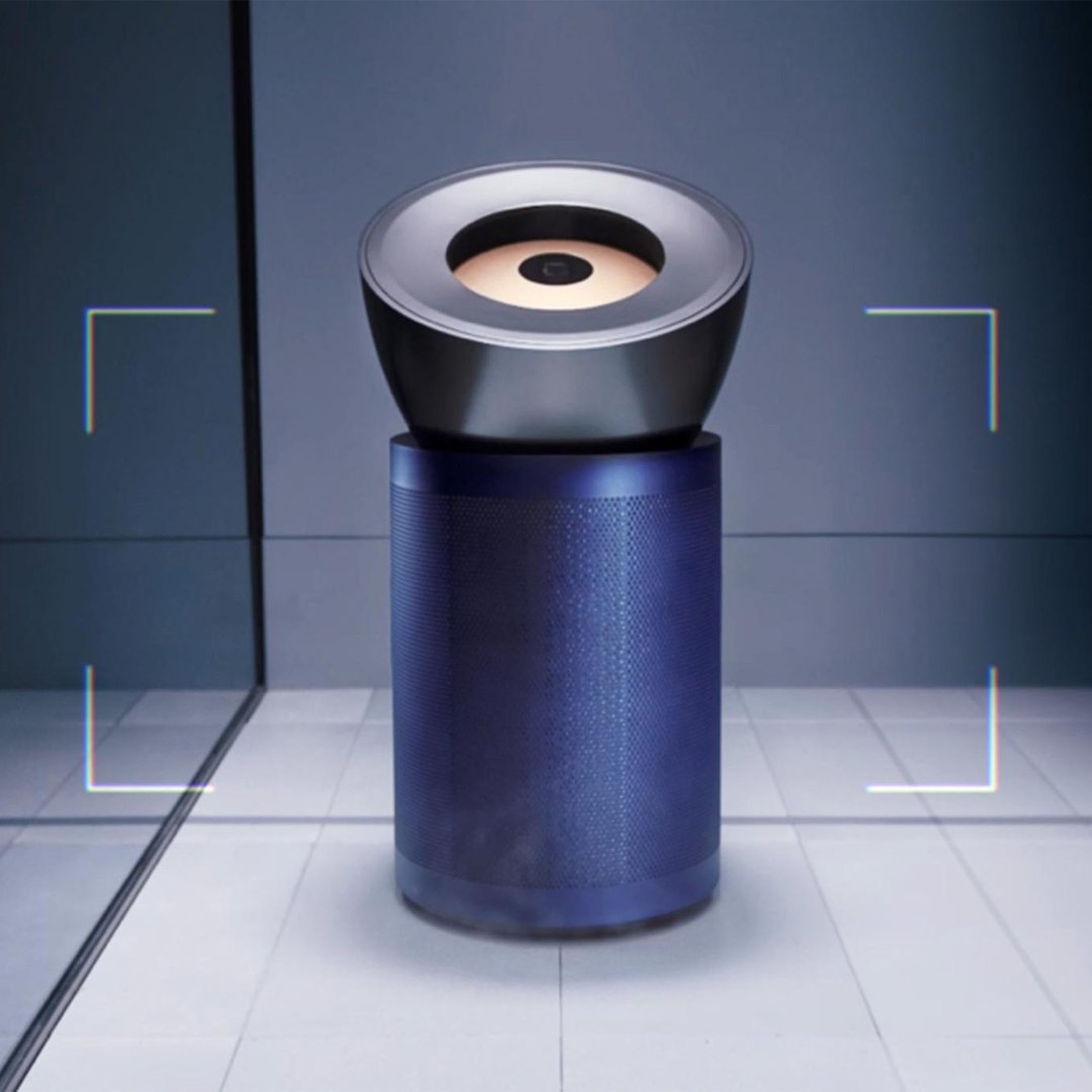 Dyson air purifier in bright nickel and prussian blue in a modern room