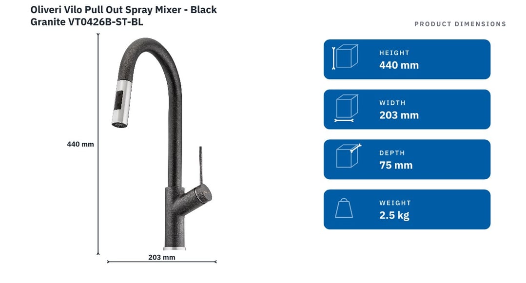 Oliveri Vilo Pull Out Spray Mixer - Black Granite VT0426B-ST-BL