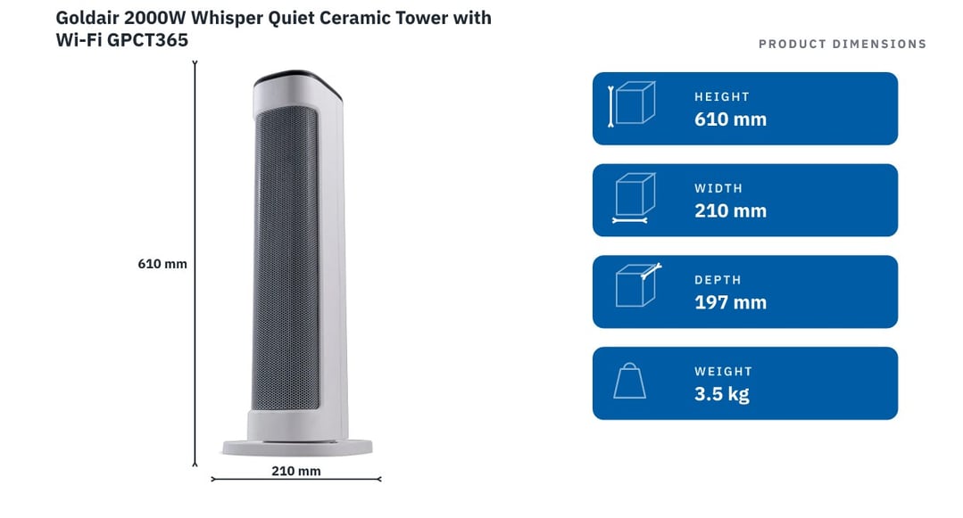 Goldair 2000W Whisper Quiet Ceramic Tower with Wi-Fi GPCT365 — product dimensions