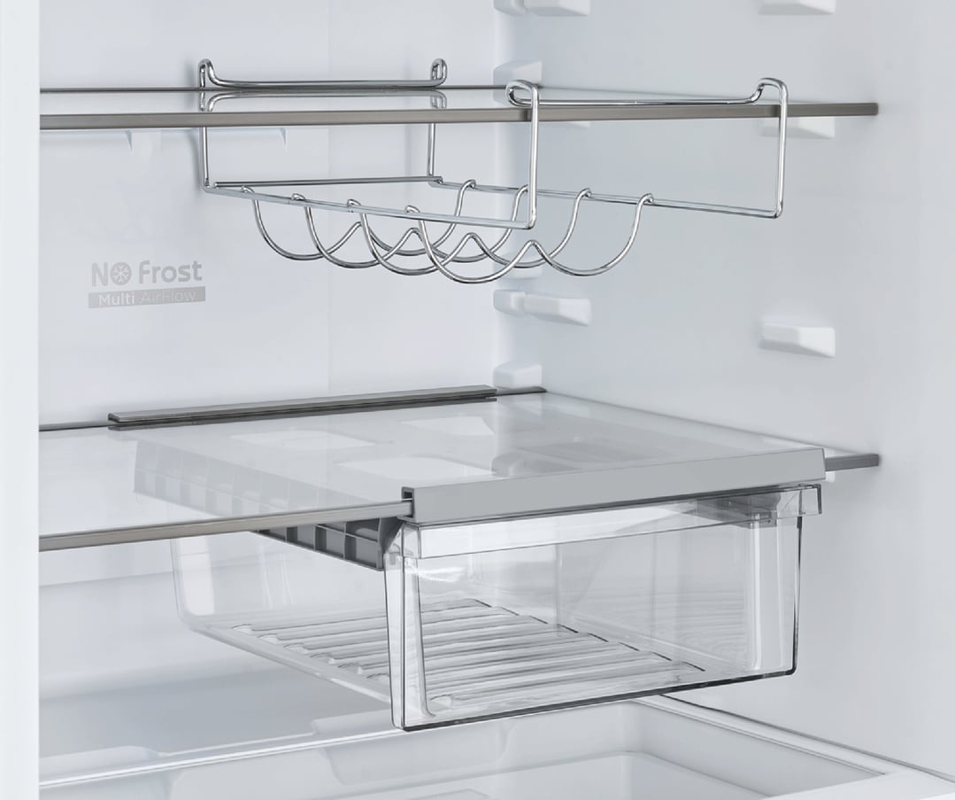 Interior view of a fridge showing shelves, a wine rack, and a crisper drawer