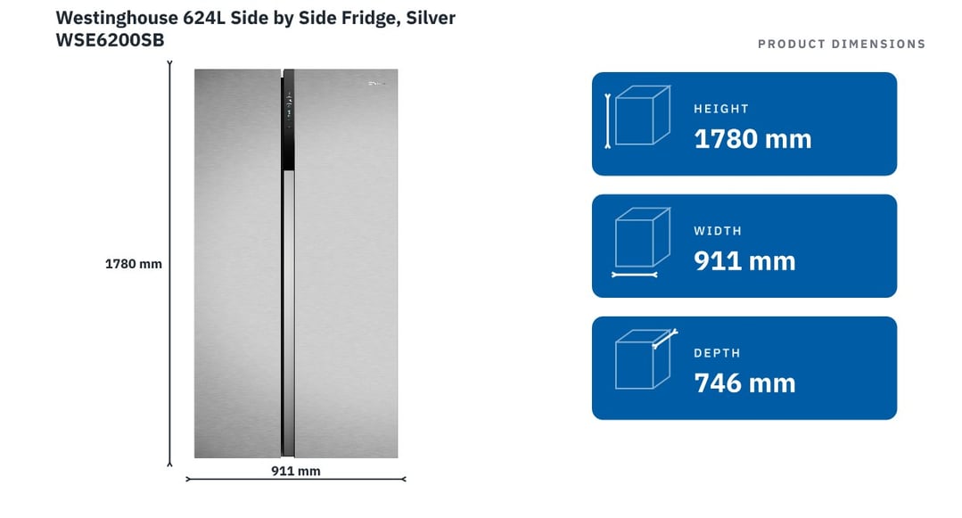 Westinghouse 624L Side by Side Fridge, Silver WSE6200SB