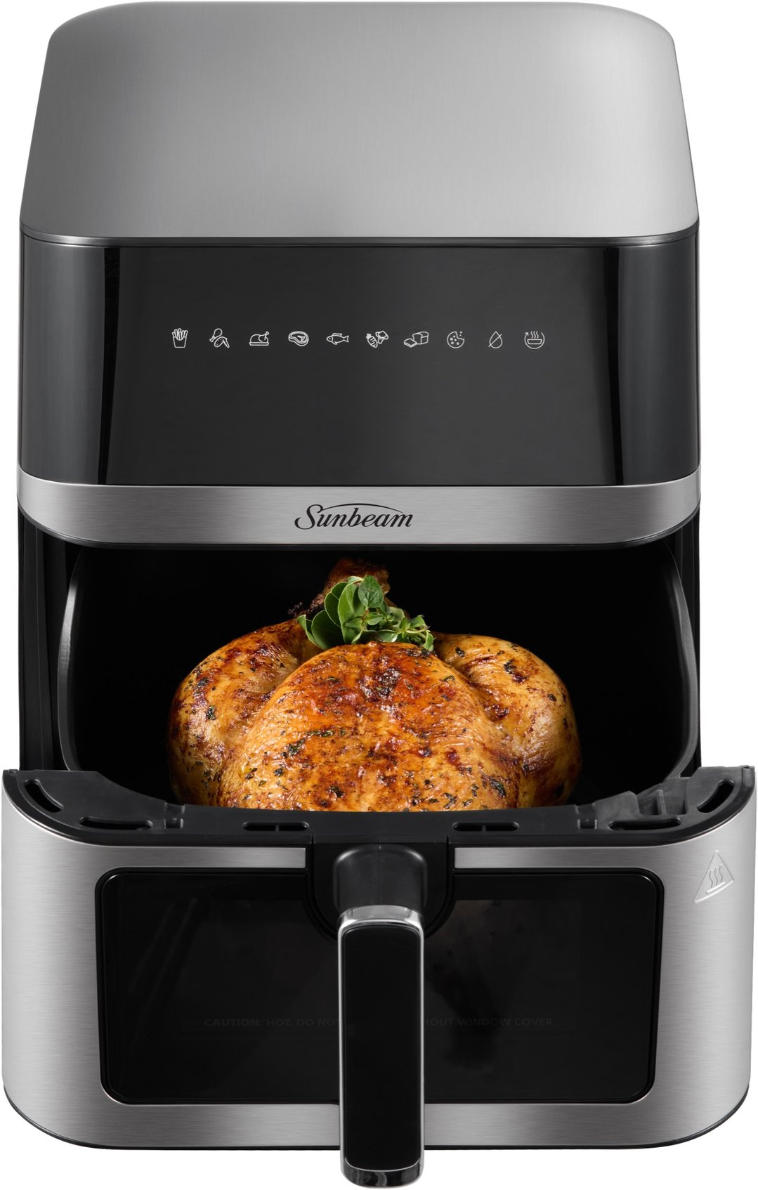 Sunbeam Alinea Max DiamondForce 7.5L Air Fryer with a whole roasted chicken inside