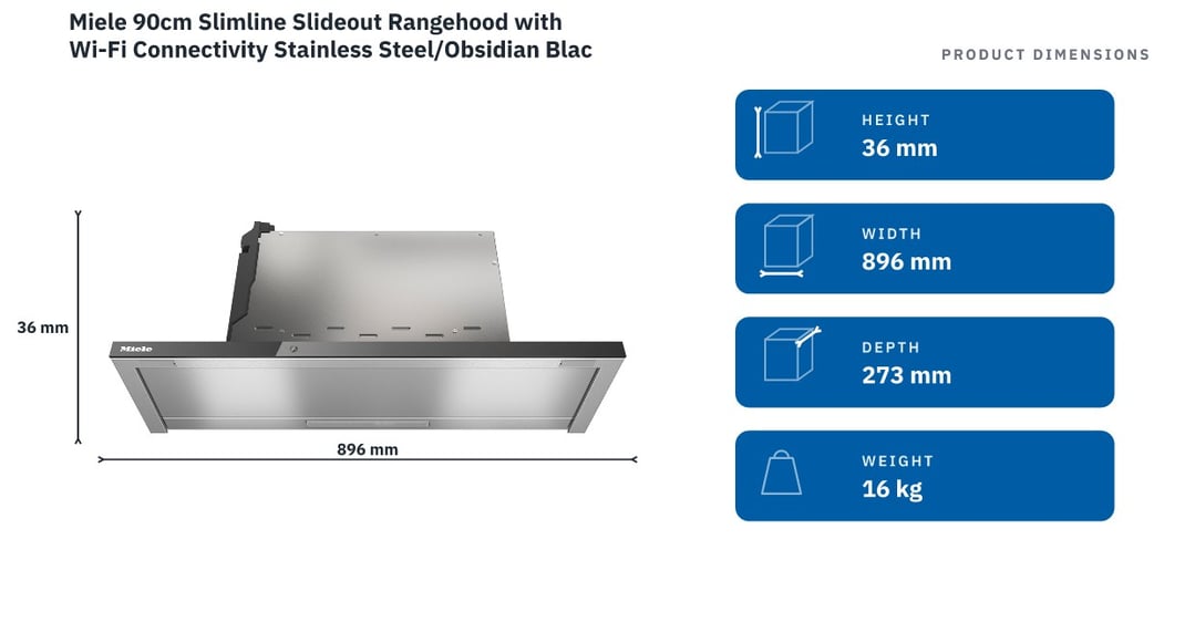 Miele 90cm Slimline Slideout Rangehood with Wi-Fi Connectivity Stainless Steel/Obsidian Black DAS4930 — product dimensions