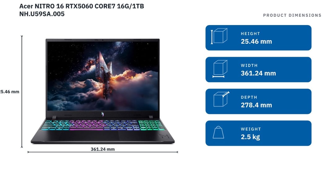 Acer NITRO V 16, Core™ 7, 16GB/1TB SSD, NVIDIA® GeForce RTX 5060 8GB Gaming Laptop NH.U59SA.005