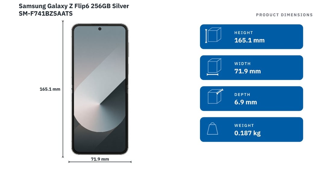 Samsung Galaxy Z Flip6 256GB Silver SM-F741BZSAATS — product dimensions