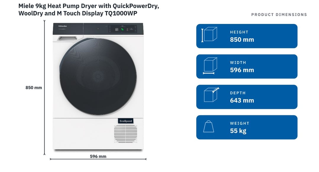 Miele 9kg Heat Pump Dryer with QuickPowerDry, WoolDry and M Touch Display TQ1000WP