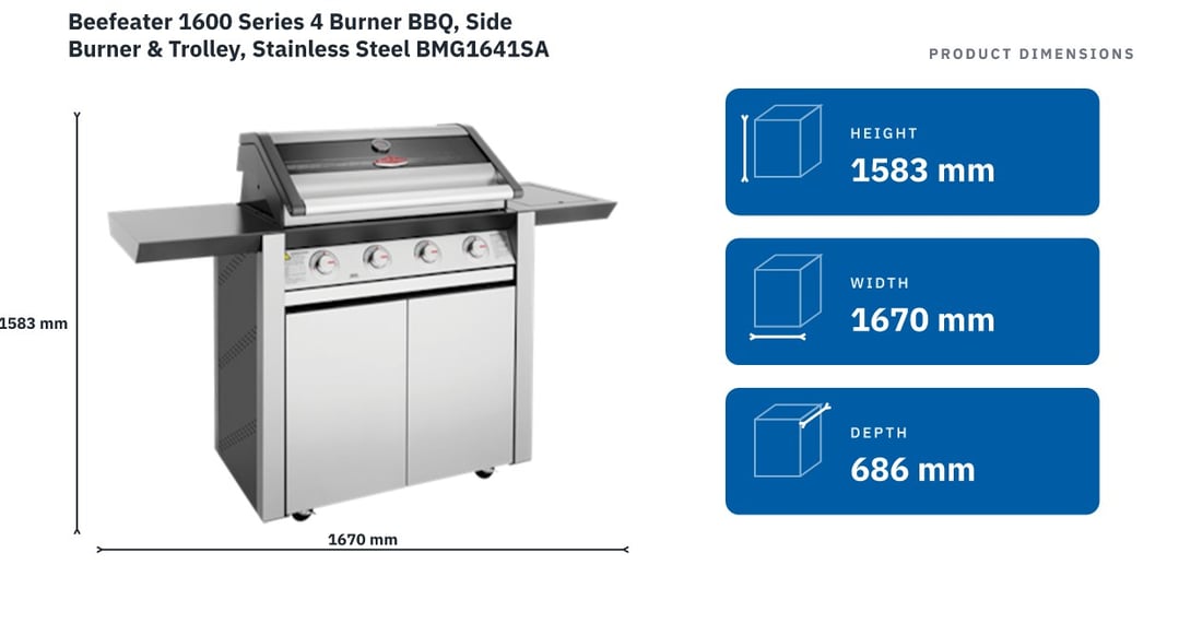Beefeater 1600 Series 4 Burner BBQ, Side Burner & Trolley, Stainless Steel BMG1641SA