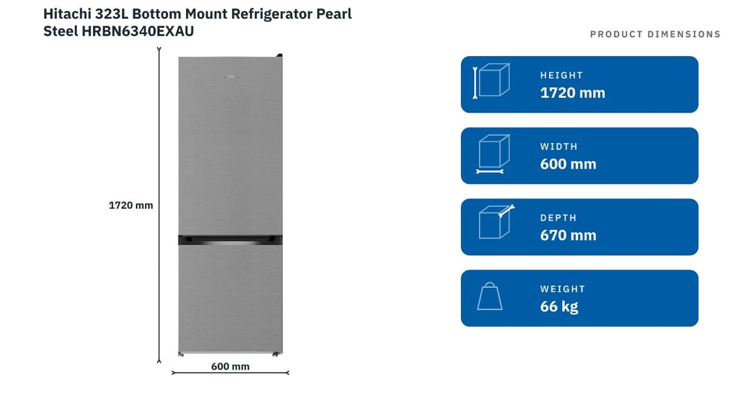 Hitachi 323L Bottom Mount Refrigerator Pearl Steel HRBN6340EXAU — product dimensions