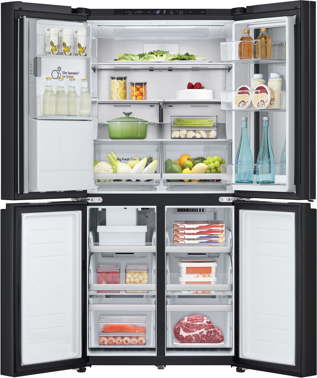 Open LG fridge with food and drinks on shelves and in drawers