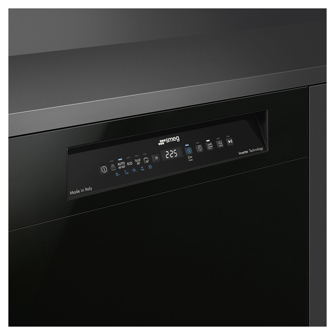 Close-up of a black dishwasher control panel with digital display and buttons