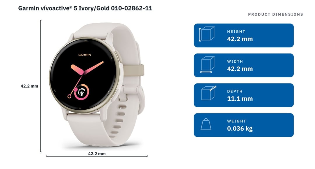 Garmin vívoactive® 5 Ivory/Gold 010-02862-11 — product dimensions