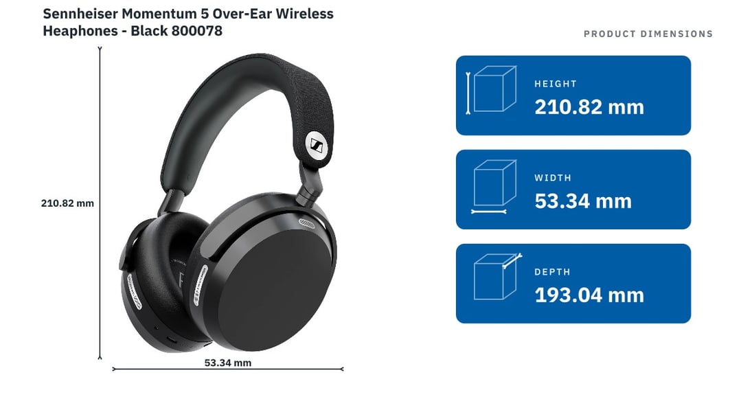 Sennheiser Momentum 5 Over-Ear Wireless Heaphones - Black 800078 — product dimensions