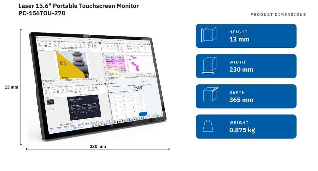 Laser 15.6" Portable Touchscreen Monitor PC-156TOU-278 — product dimensions