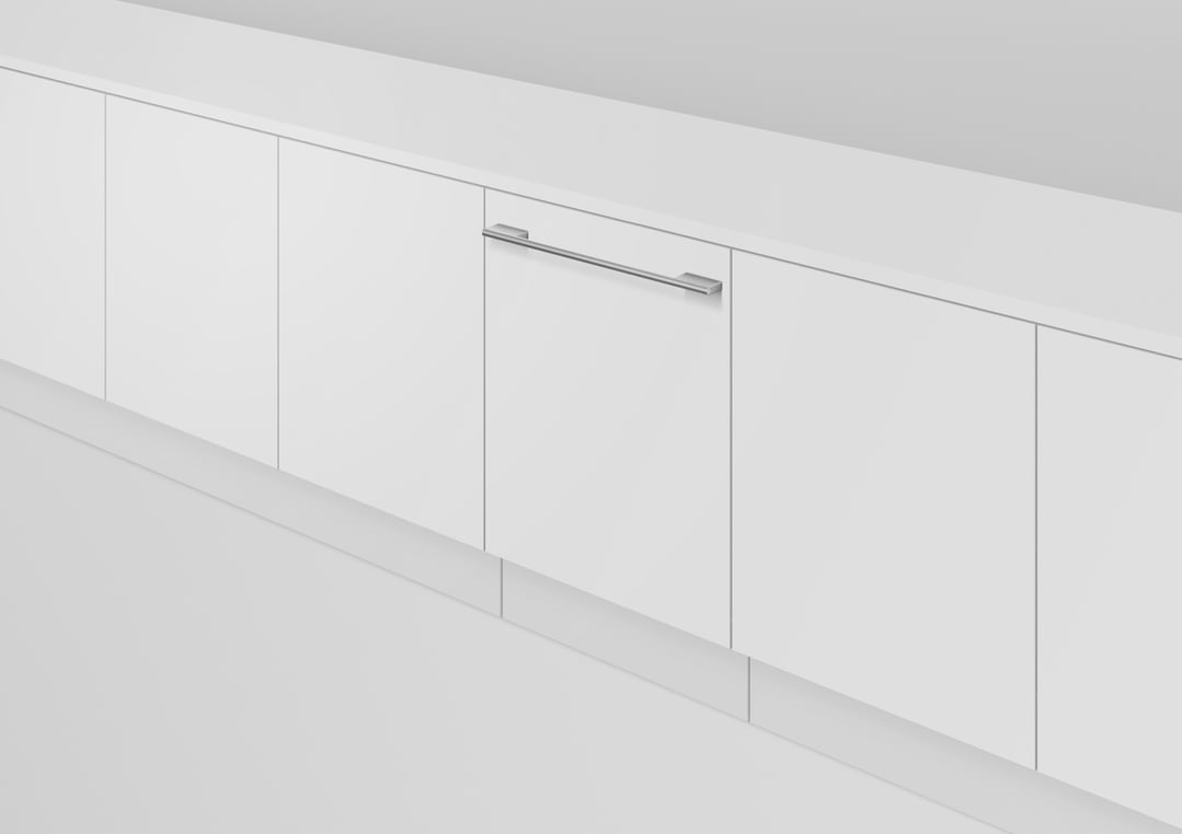 Integrated dishwasher with a stainless steel handle in a modern white kitchen