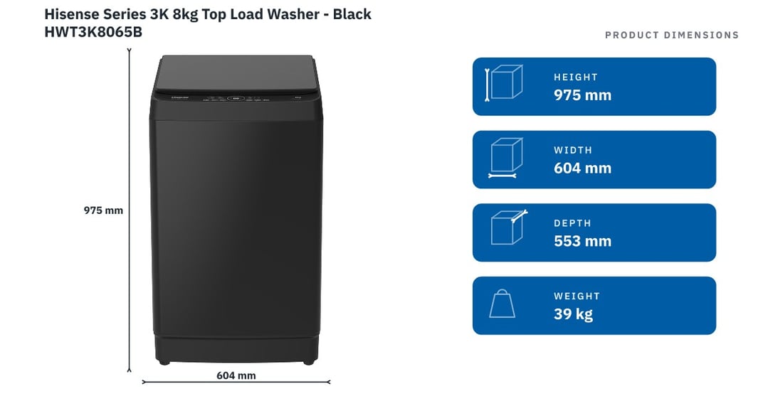 Hisense Series 3K 8kg Top Load Washer - Black HWT3K8065B