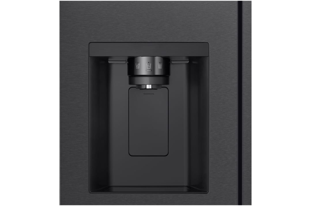 Close up of the matte black fridge's water and ice dispenser
