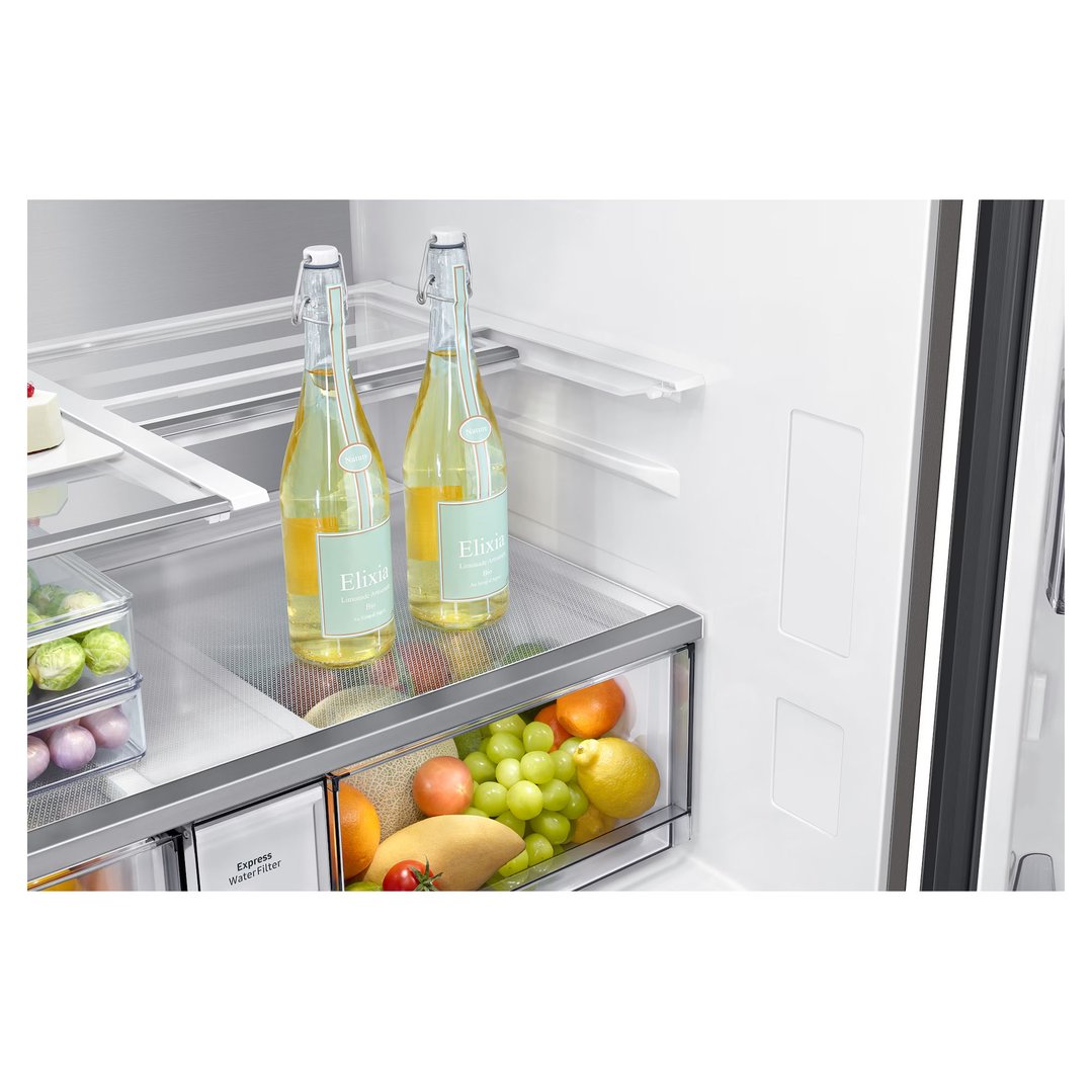 Open SAMSUNG 809L Bespoke AI 4-Door French Door Refrigerator showing interior with food