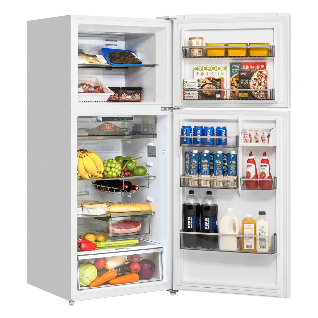 Top mount fridge with both doors open, filled with food and drinks