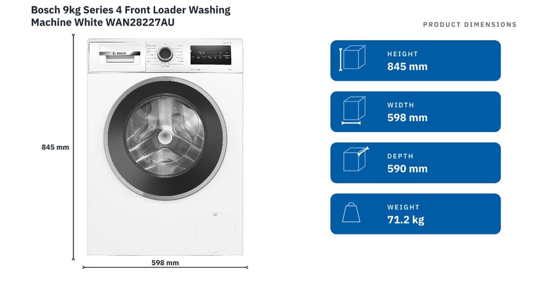 Bosch 9kg Series 4 Front Loader Washing Machine White WAN28227AU — product dimensions