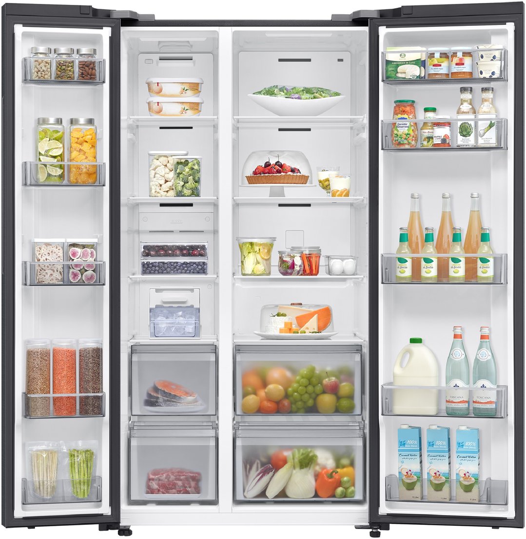Open side-by-side refrigerator filled with various food items and drinks